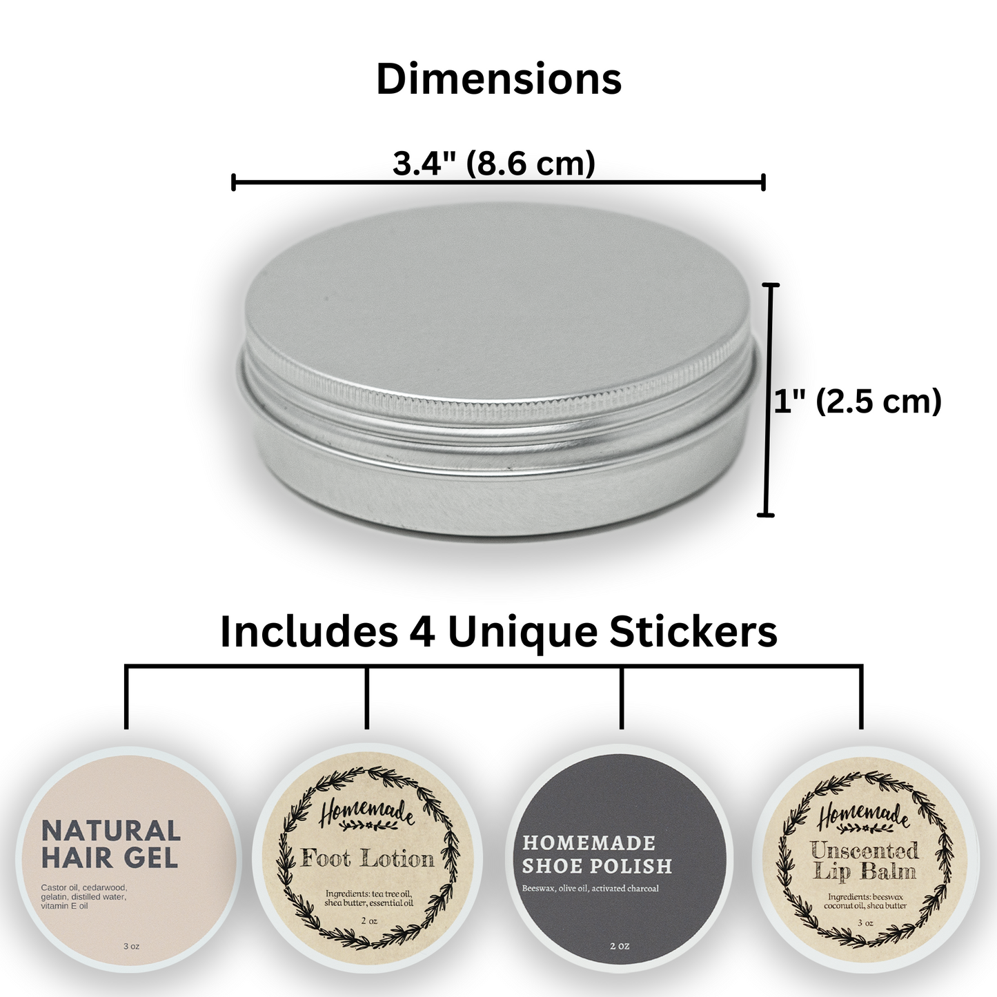 Compact 3.4-inch tin with 4 unique stickers for customizable labeling, perfect for discreet storage
