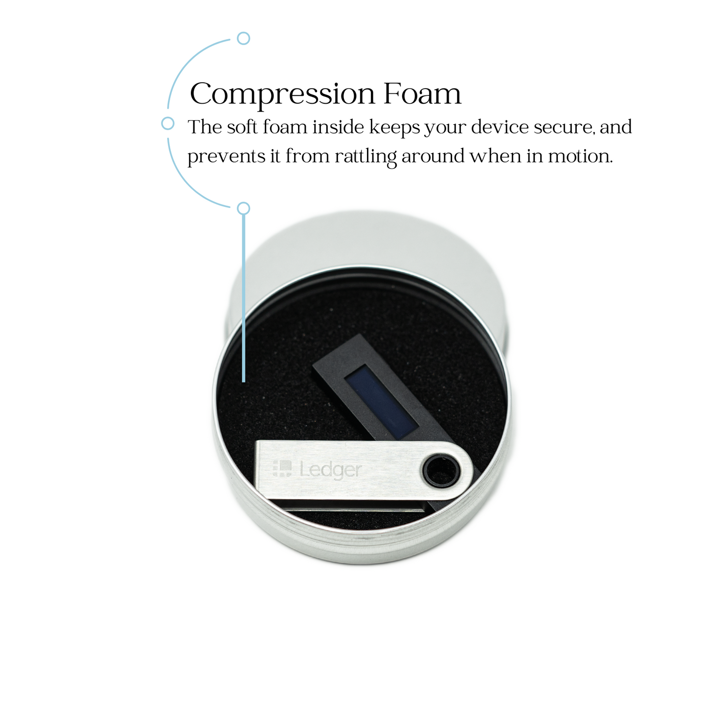 Compression foam inside a secure tin protecting a Ledger hardware wallet, ensuring safety during travel or storage