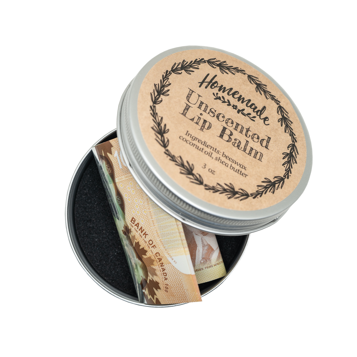 Homemade Unscented Lip Balm tin covertly holding rolled Canadian banknotes, demonstrating discreet storage for valuables