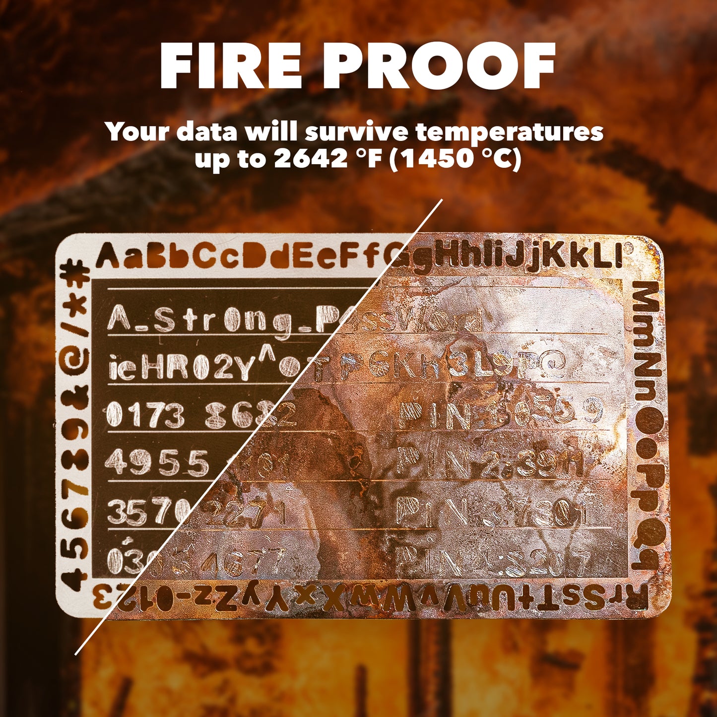 Fireproof EtchPass stainless steel card, surviving extreme temperatures up to 2642°F (1450°C)