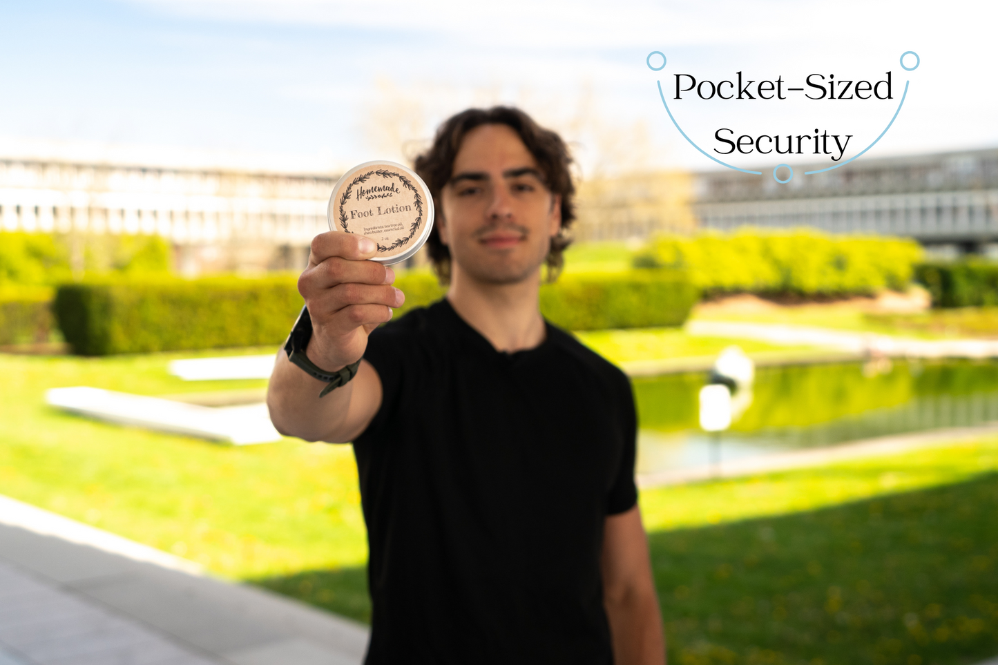 Man holding a compact tin labeled 'Homemade Foot Lotion' in an outdoor setting, emphasizing pocket-sized security for your crypto hardware wallet.