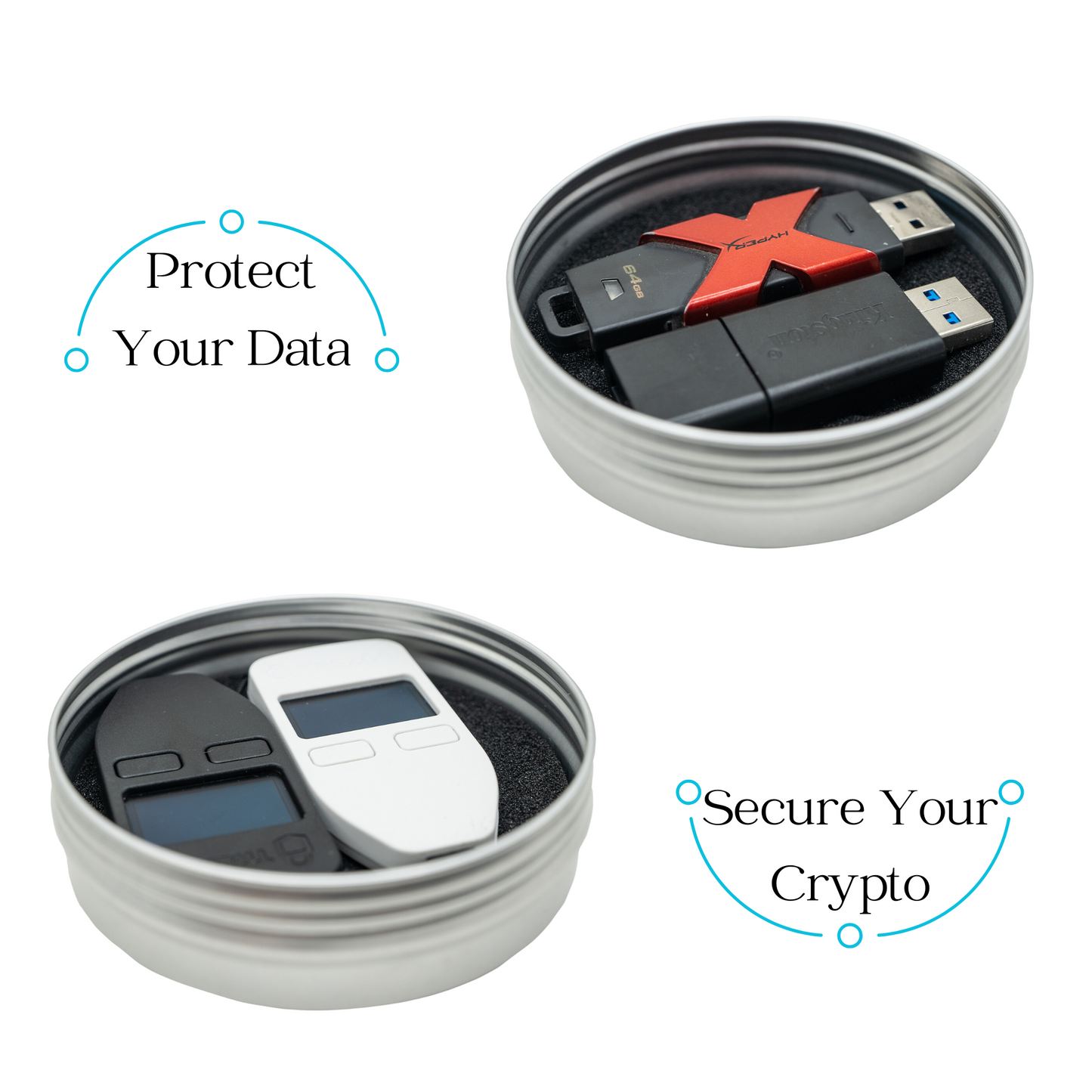 Secure storage tin with foam padding, protecting hardware wallets and USB drives for crypto security.