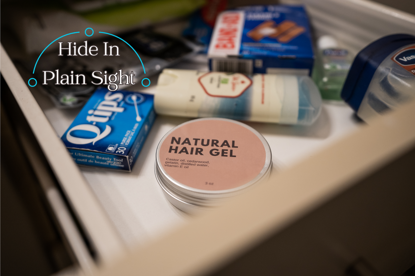 Natural Hair Gel tin discreetly placed in a drawer among toiletries, showcasing its use as a hidden storage for securing crypto hardware wallets.