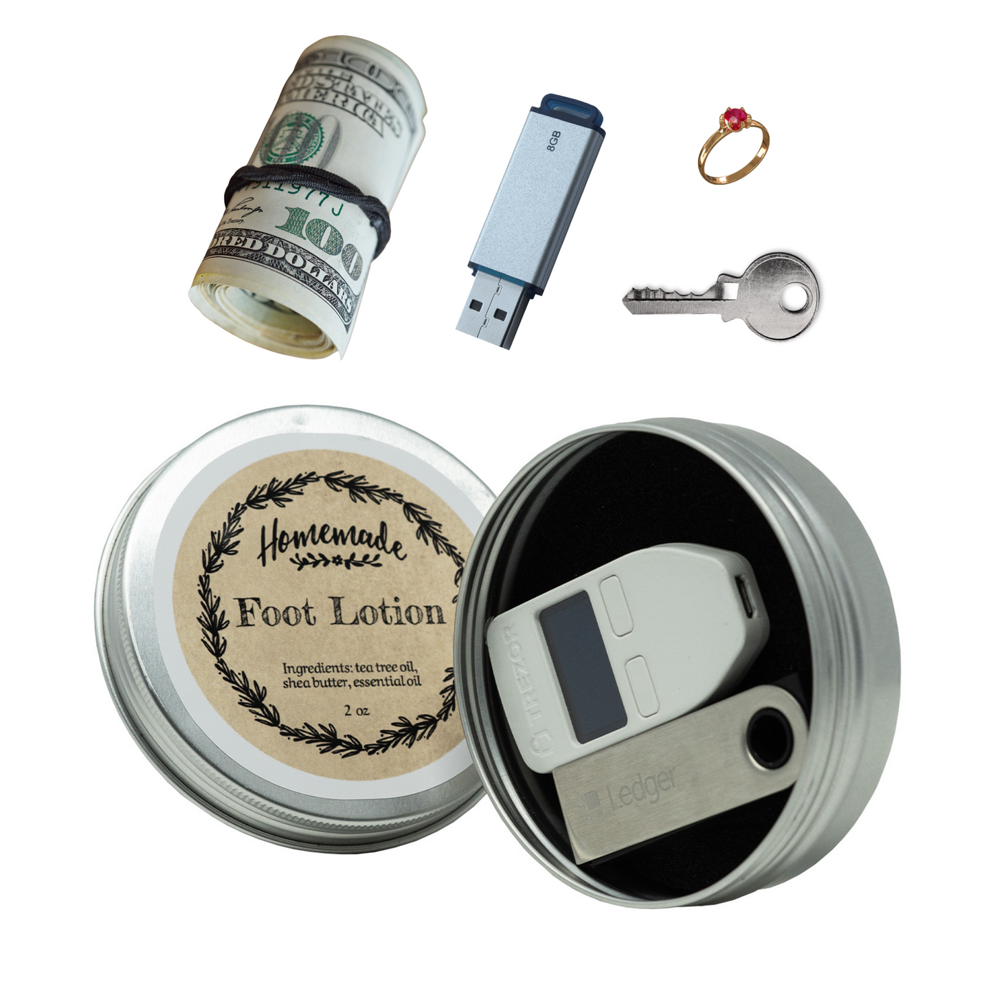 Multi-purpose Homemade Foot Lotion tin repurposed to discreetly store cash, USB drives, keys, rings, and crypto wallets, blending security with everyday items.