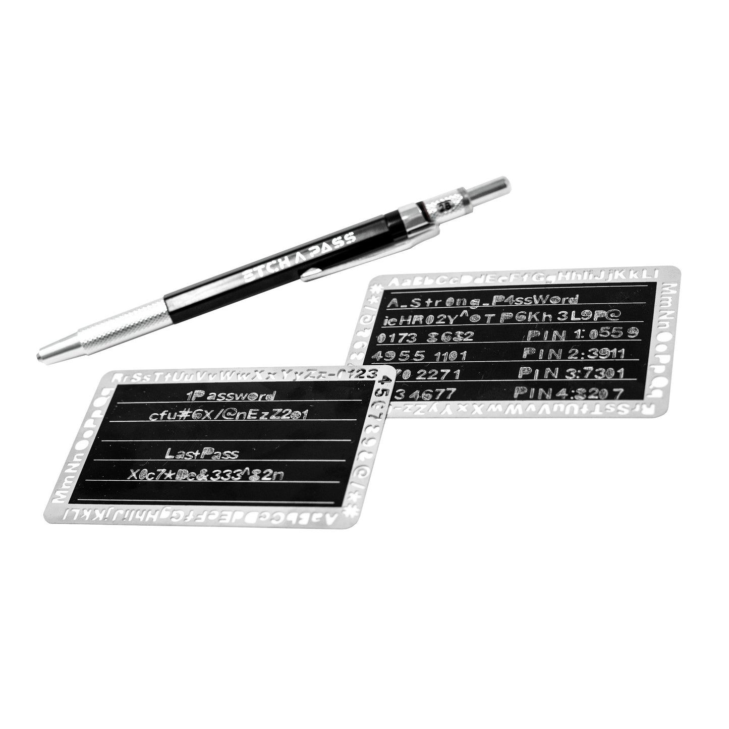 EtchPass stainless steel cards with engraved passwords and PINs, paired with an engraving pen