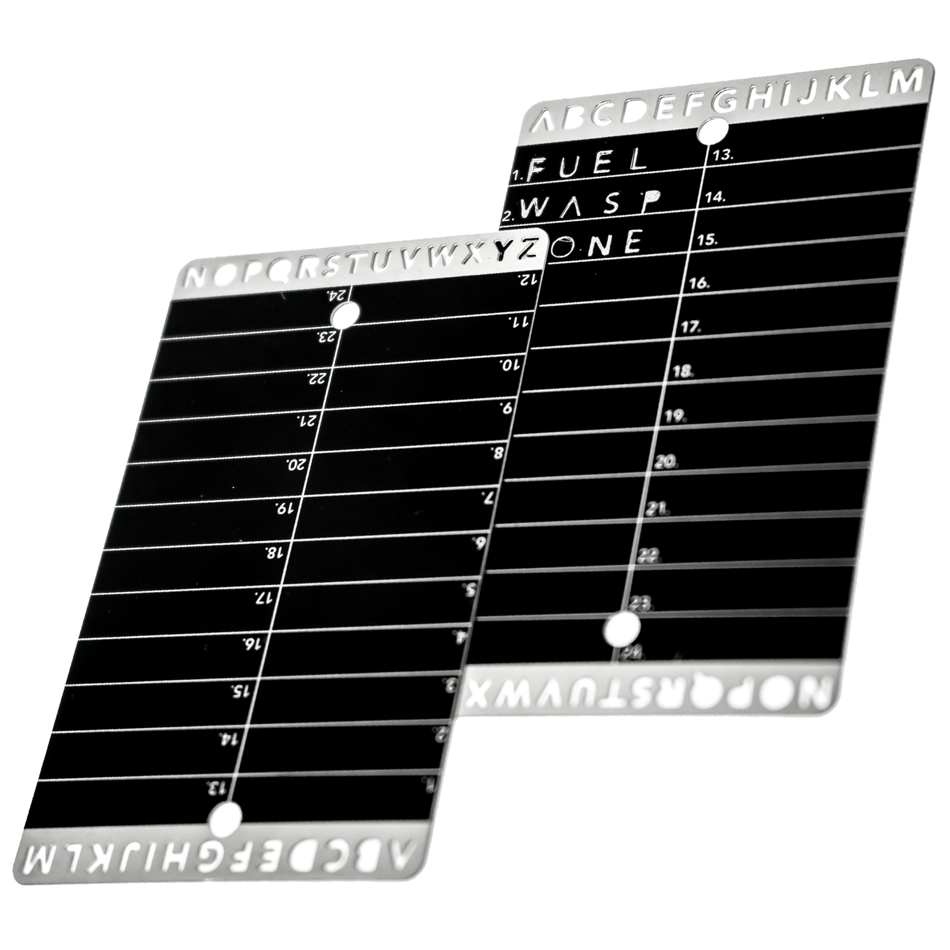 Two stainless steel seed storage cards with engraved recovery words for secure crypto backups