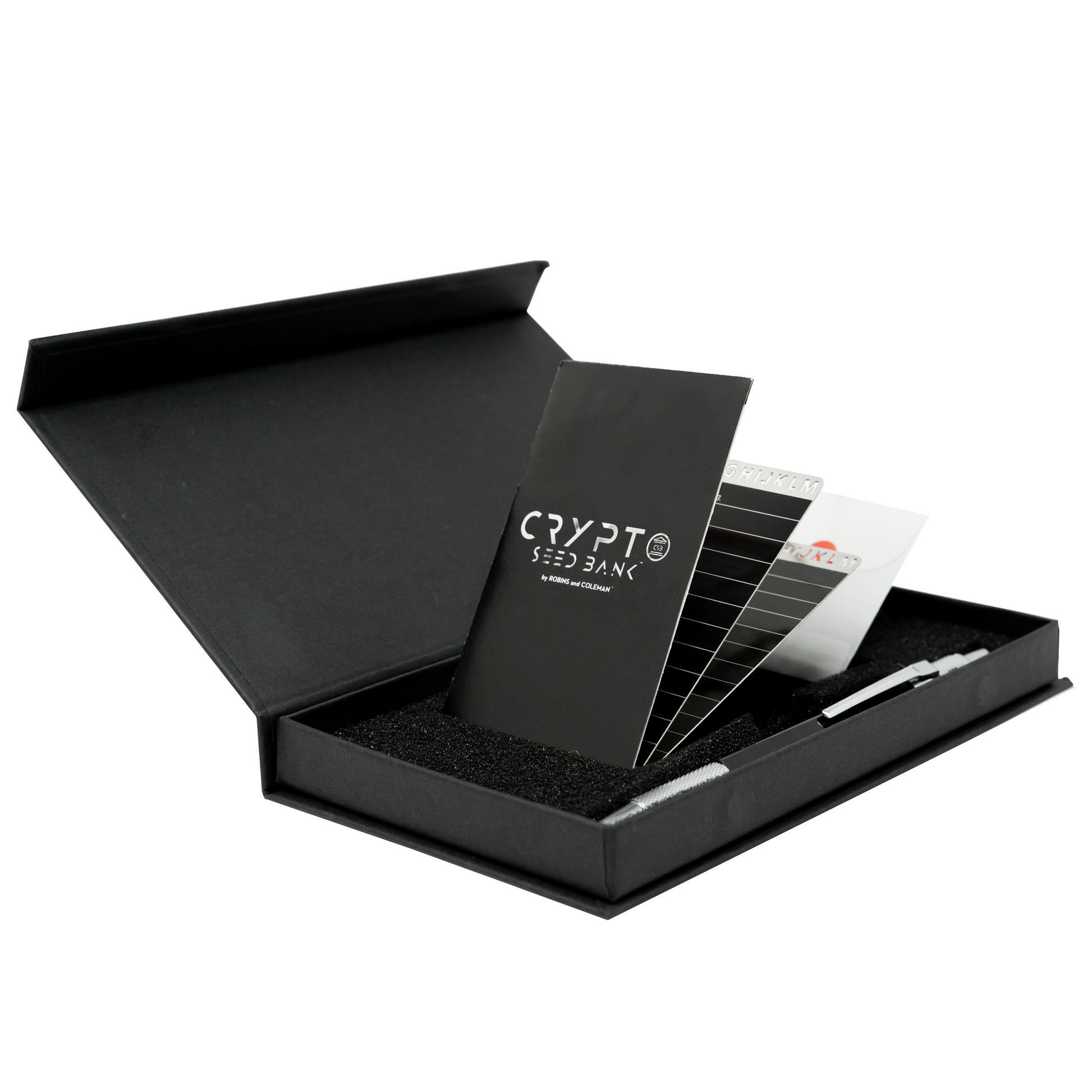 Crypto Seed Bank complete kit with seed storage cards, engraving pen, and protective packaging.