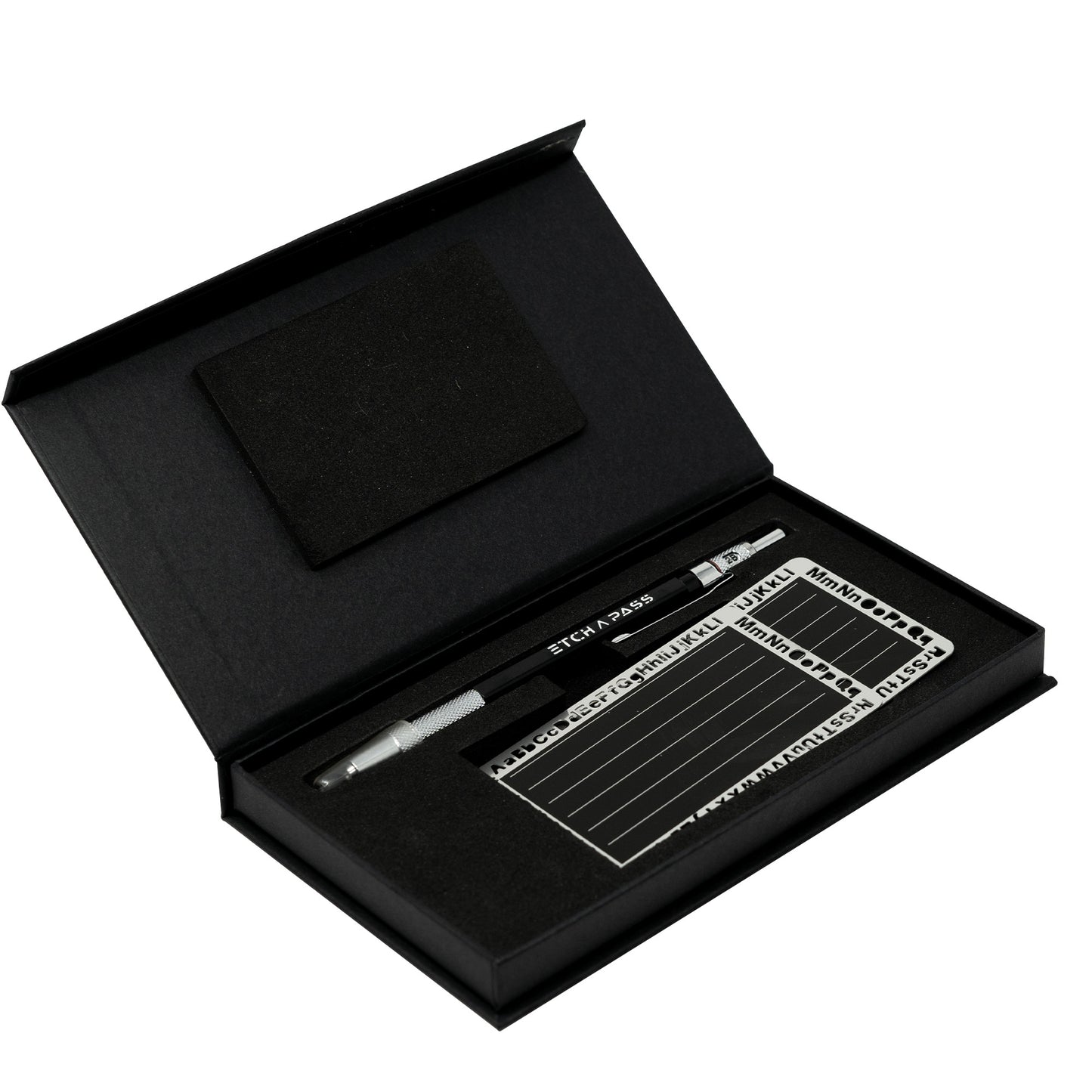 EtchPass kit featuring durable stainless steel cards and precision engraving pen in a sleek black box