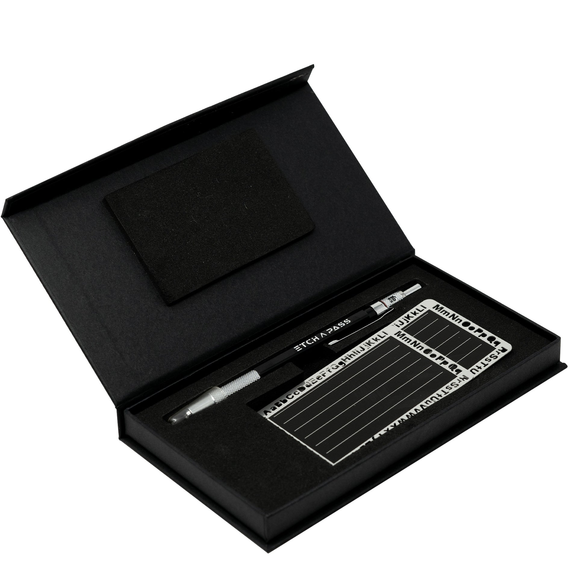 EtchPass kit featuring durable stainless steel cards and precision engraving pen in a sleek black box