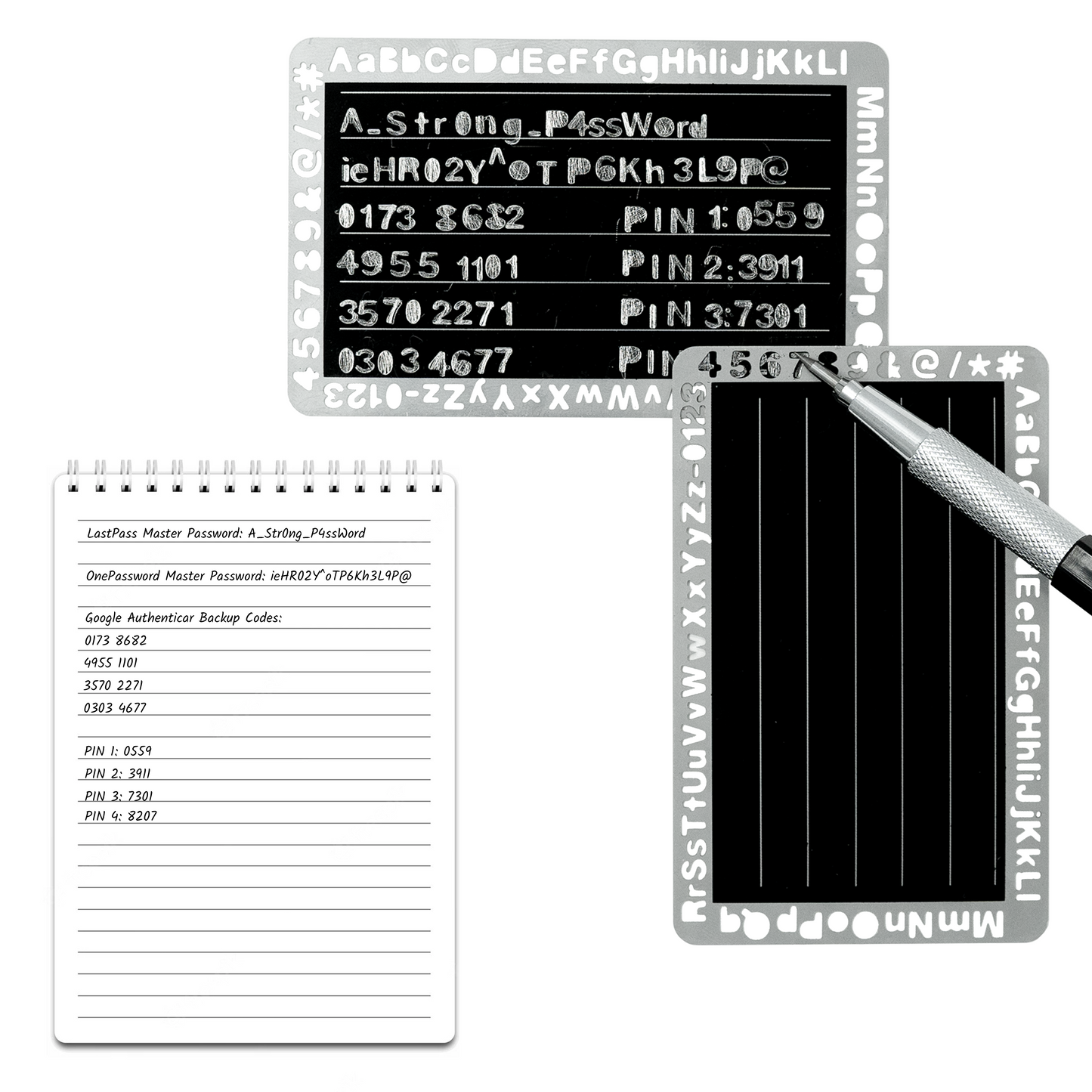 EtchPass cards engraved with passwords and PINs alongside a notepad for secure offline storage
