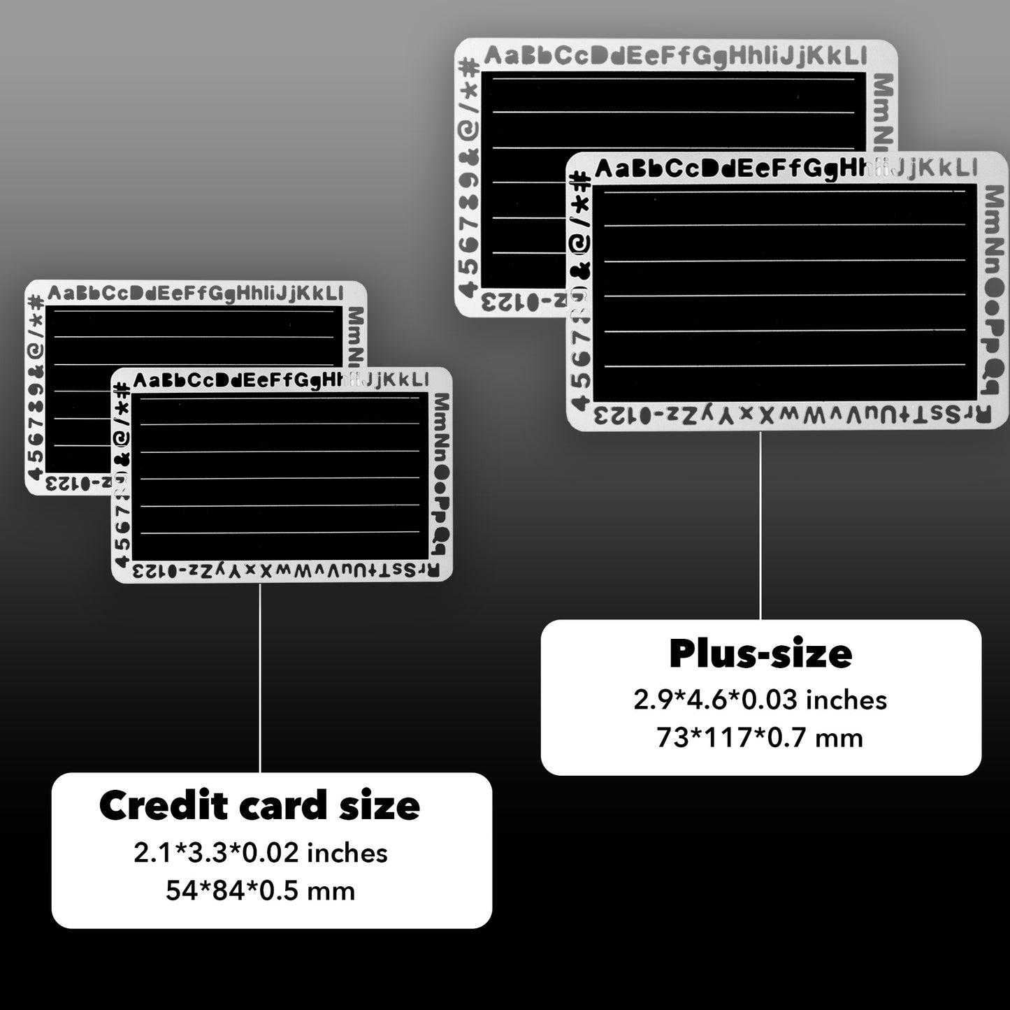 EtchPass cards available in credit card size and plus size, highlighting dimensions for secure storage.