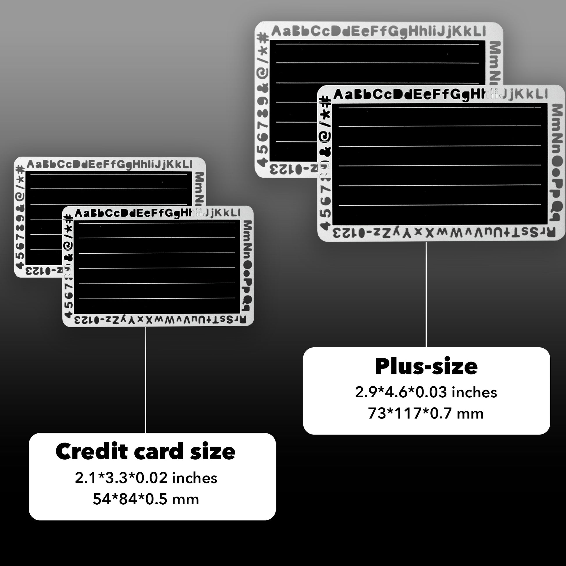 EtchPass cards available in credit card size and plus size, highlighting dimensions for secure storage.