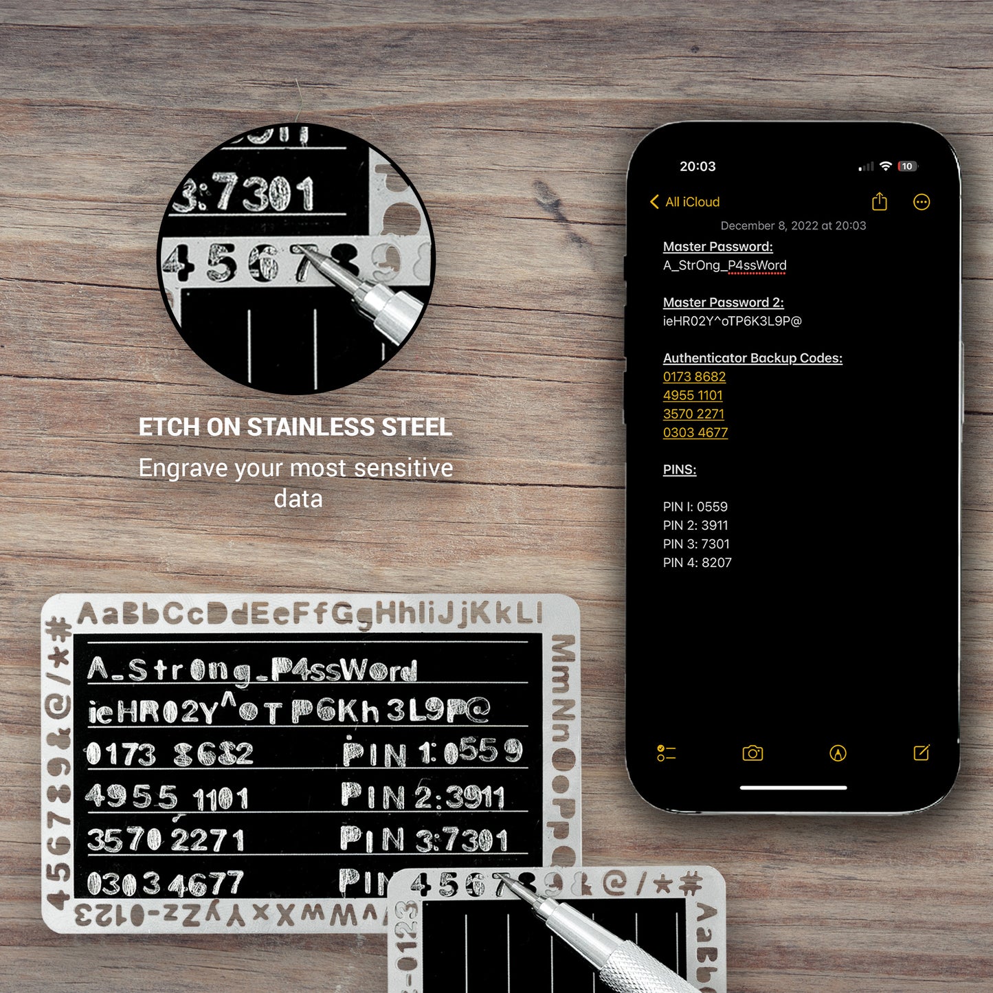 EtchPass stainless steel card with engraved sensitive data compared to digital storage on a smartphone