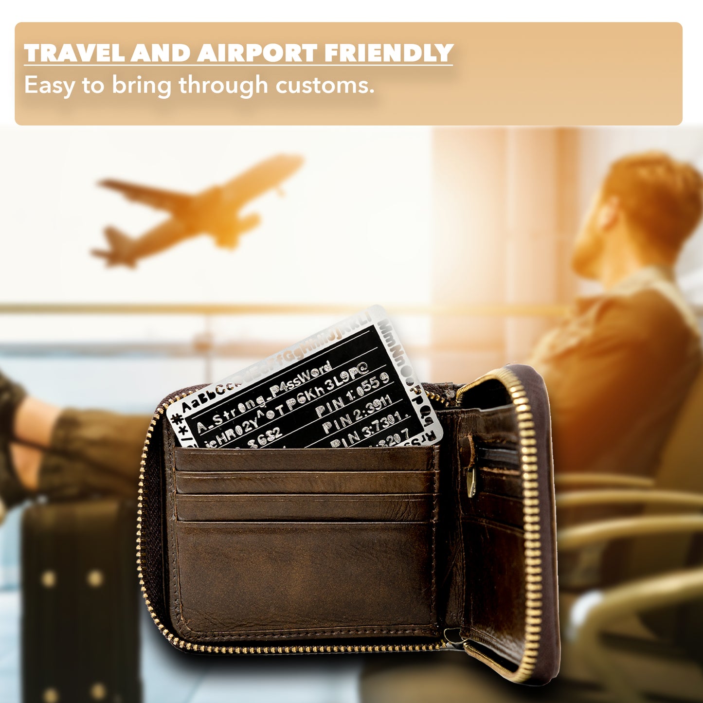 Travel-friendly EtchPass card stored in a wallet, easy to bring through airport customs securely