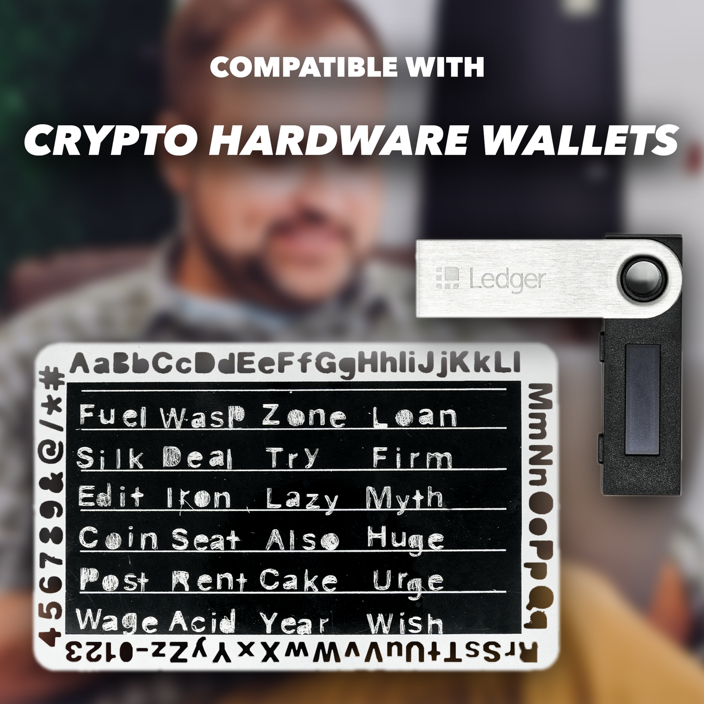 EtchPass card engraved with crypto seed phrases, compatible with Ledger and other crypto hardware wallets