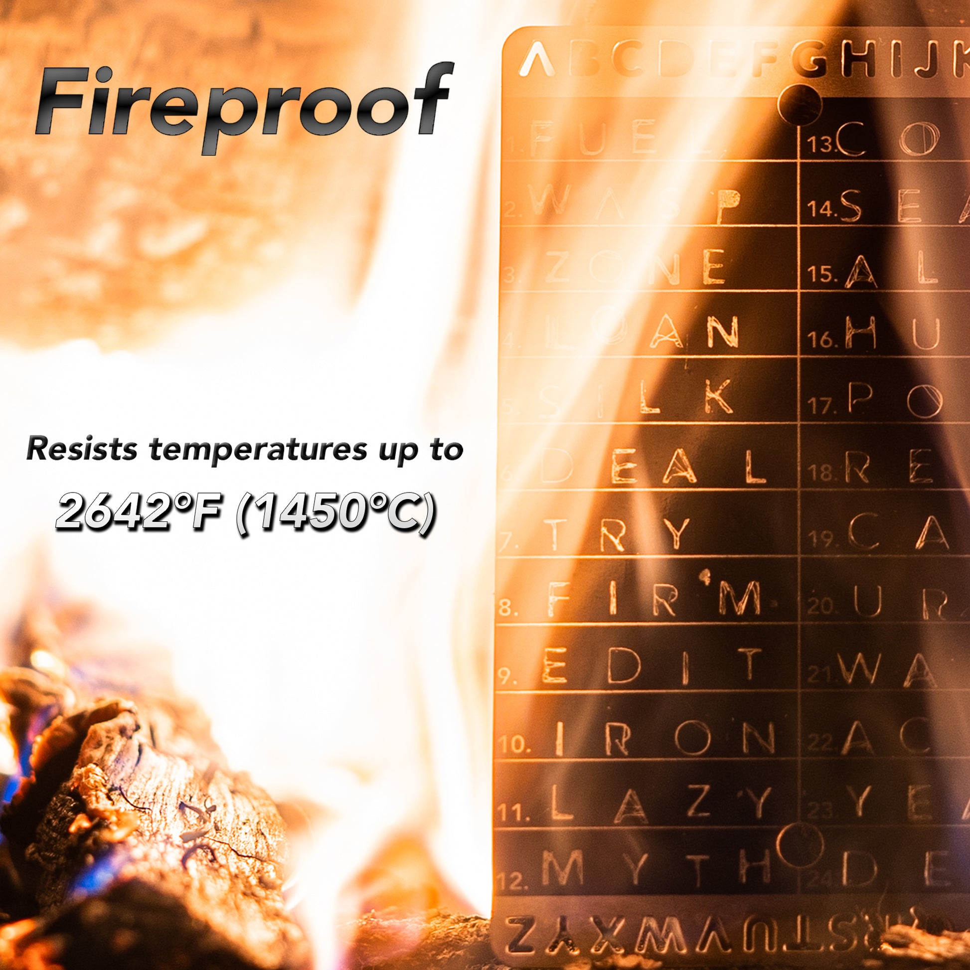 Fireproof Crypto Seed Bank card resisting temperatures up to 2642°F (1450°C) for secure seed storage.