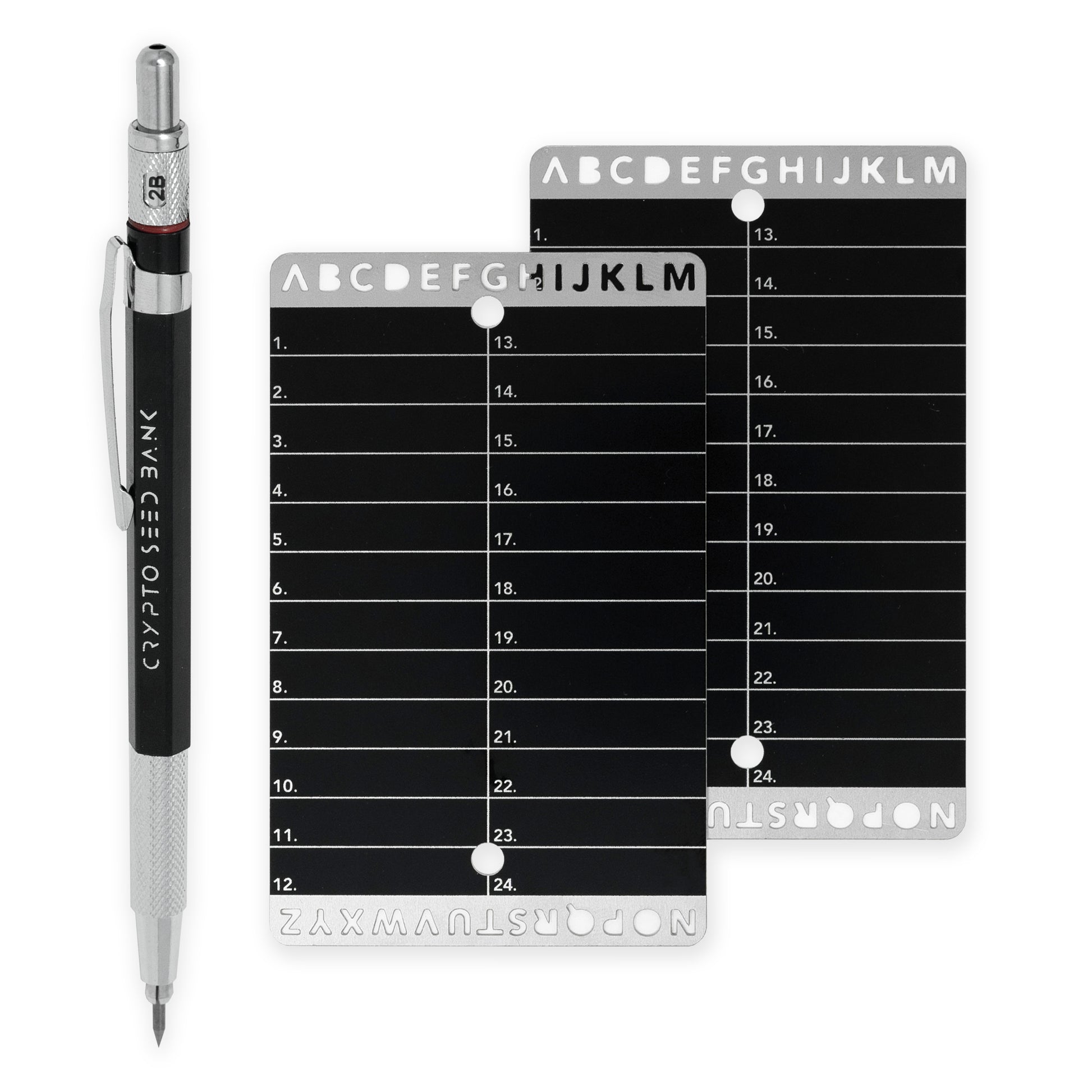 Crypto Seed Wallet with two stainless steel seed storage cards and an engraving pen for secure backups.