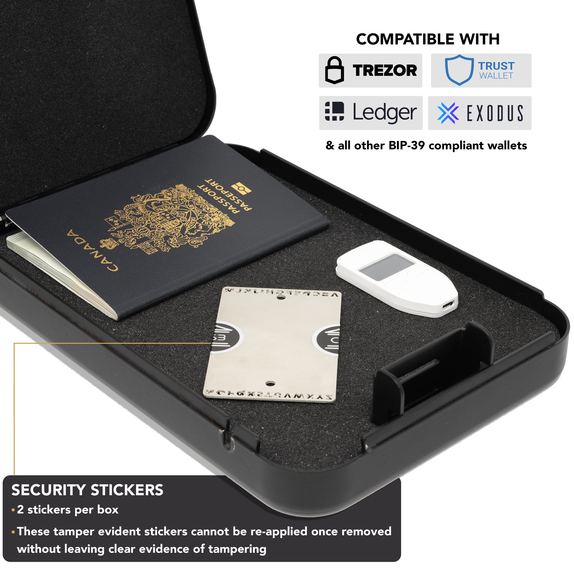 Crypto Seed Bank card with tamper-evident stickers in a safe, compatible with Trezor, Ledger, and BIP-39 wallets