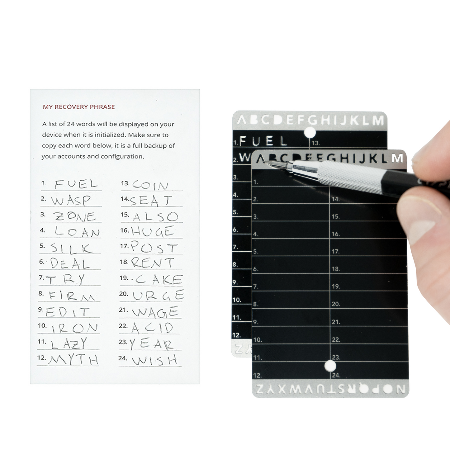 Crypto recovery phrase being engraved onto a stainless steel seed storage card for secure backup