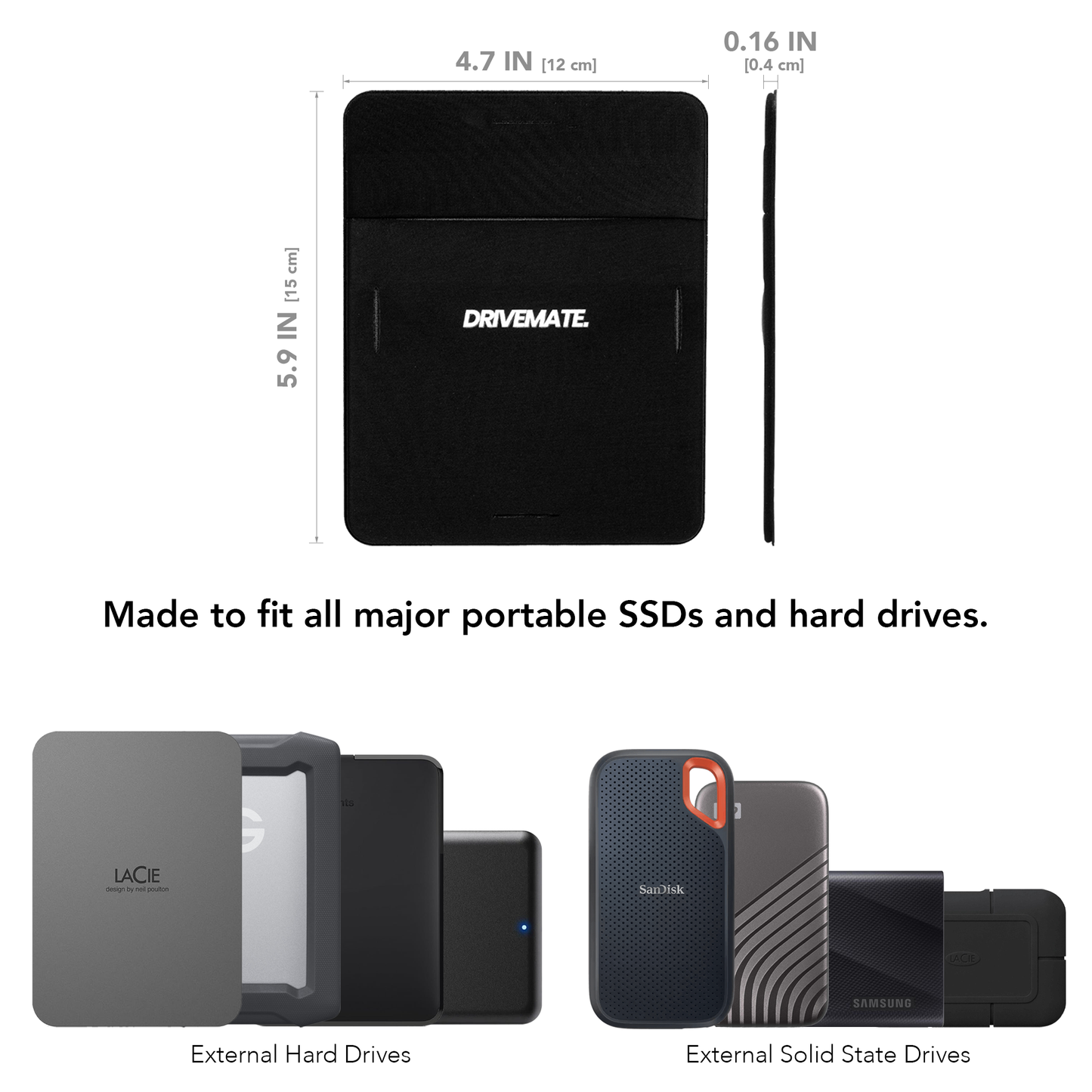 DriveMate - External Hard Drive Case - SSD Holder for Laptop - Portable Hard Drive Holder - Fits Most Drives, Airpods, Airtag, Cords, Sunglasses, Smartphones - Reusable Adhesive Pocket Pouch - Black