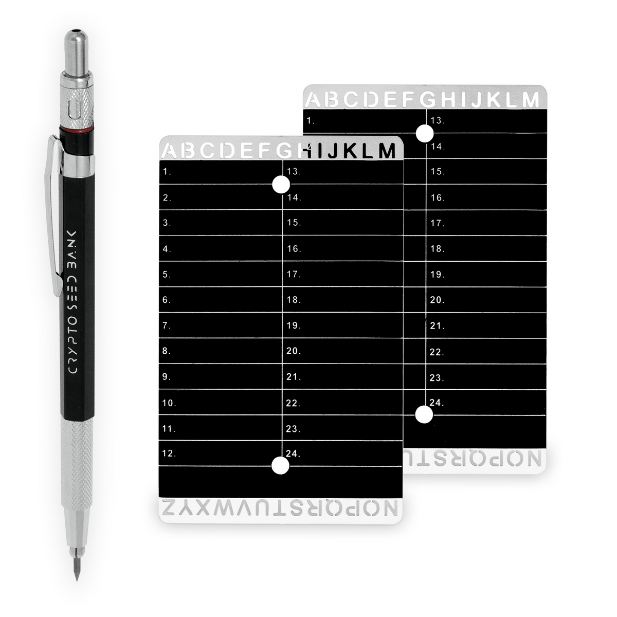 Crypto Seed Bank steel plates with integrated letter stencils, wallet nickname row and engraving pen