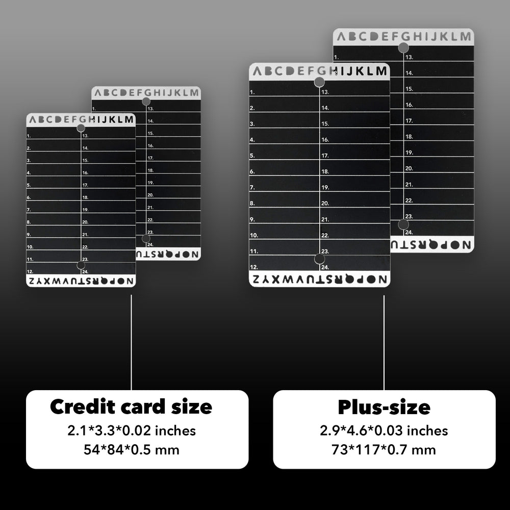 Wallet and Plus size Crypto Seed Bank cards shown side by side with their dimensions