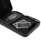 EtchPass kit with stainless steel cards, engraving pen, and a secure storage case alongside a passport.