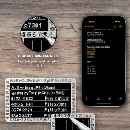 EtchPass stainless steel card with engraved sensitive data compared to digital storage on a smartphone